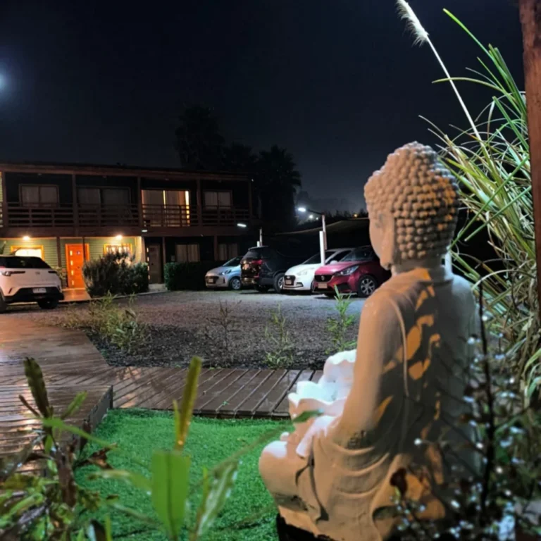 Jardín iluminado de noche – Spaciomar, cabañas en El Tabo